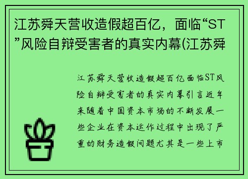 江苏舜天营收造假超百亿，面临“ST”风险自辩受害者的真实内幕(江苏舜天集团有限公司怎么样)