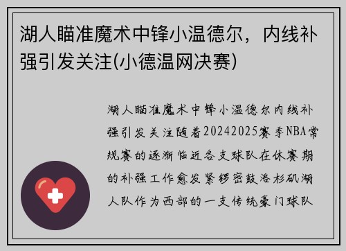 湖人瞄准魔术中锋小温德尔，内线补强引发关注(小德温网决赛)
