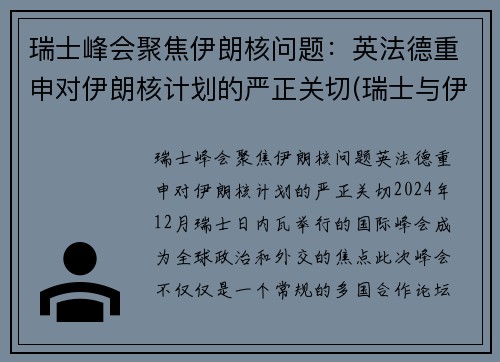瑞士峰会聚焦伊朗核问题：英法德重申对伊朗核计划的严正关切(瑞士与伊朗完成交易)