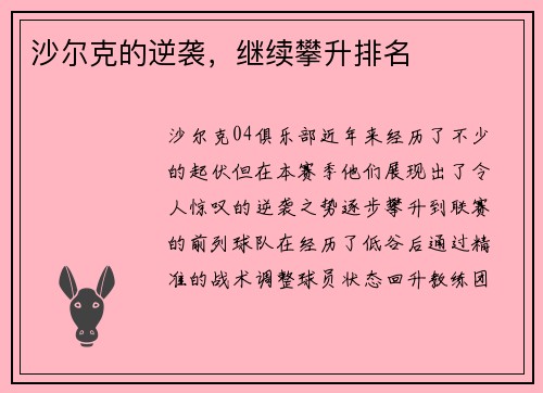 沙尔克的逆袭，继续攀升排名
