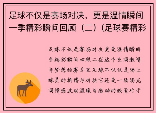 足球不仅是赛场对决，更是温情瞬间—季精彩瞬间回顾（二）(足球赛精彩视频)