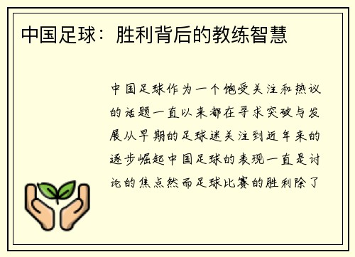 中国足球：胜利背后的教练智慧