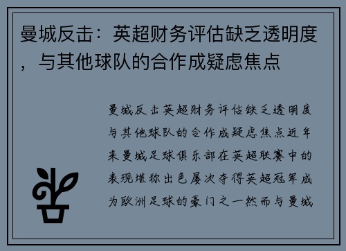 曼城反击：英超财务评估缺乏透明度，与其他球队的合作成疑虑焦点